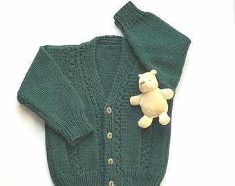 Irish knit cardigan, 12 to 24 months, Hand knit toddler sweater, Dark green baby cardigan