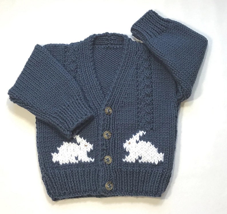 Toddler bunny sweater, 12 to 24 months, Handknit navy blue cardigan, Gift for baby, Bunny motifs image 1