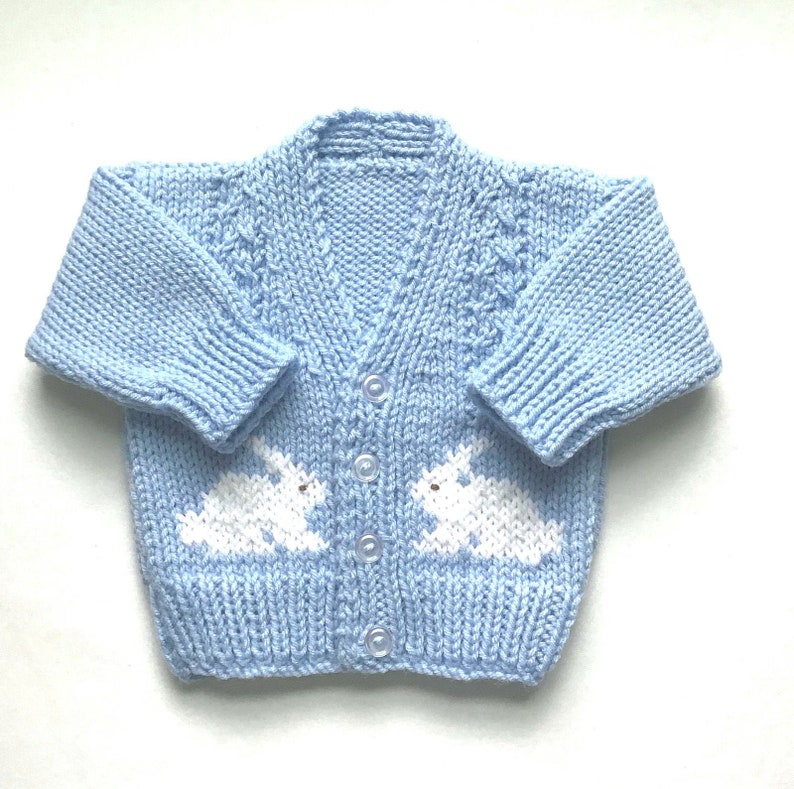 Bunny sweater, 6 to 12 months, Baby blue cardigan with bunny motifs, Gift for infant boy, Gender neutral blue sweater, Gift for baby image 1