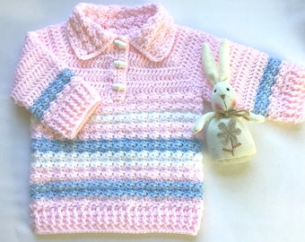 Pink baby sweater, 3 to 6 months girl, Infant crochet sweater, Baby girl knit clothing