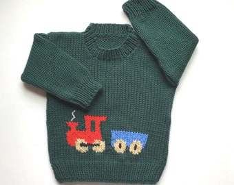 Train motif green baby sweater - 6 to 12 months boy - Baby boys clothing - Infant green train pullover