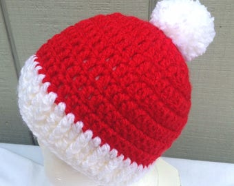 Girl or young teen Christmas hat, Red white holiday beanie, Pompom Christmas beanie, Young girls red bobble hat