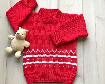 Pull rouge Fair Isle pour tout-petit - 12 à 24 mois - Pull en tricot rouge pour bébé - Pull tricoté à la main pour bébé - Pull de vacances pour tout-petits
