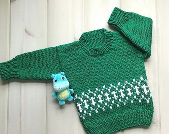 Baby Fair Isle green sweater - 6 to 12 months - Baby hand knitted green white sweater - Unisex baby sweater