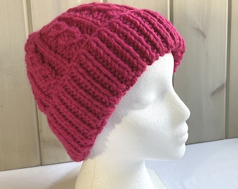 Rose Pink Wool Blend Beanie, Women's hand knit Winter Hat