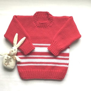 Toddler striped red sweater - 12 to 24 months - Baby hand knit sweater - Toddler knitwear - Baby red white knit