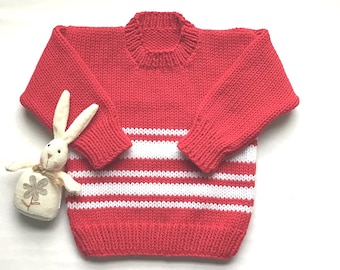 Toddler striped red sweater - 12 to 24 months - Baby hand knit sweater - Toddler knitwear - Baby red white knit