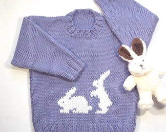 Purple bunny sweater - 4 years - Girls hand knit purple sweater - Girls bunny jumper - Girls knitwear