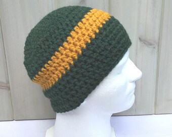 Mens dark green hat with gold stripe, Wool mix chunky crochet Mens beanie, Gift for him, Gift for Dad