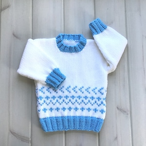 Fair Isle baby sweater - 12 to 24 months - Infant blue white hand knit pullover - Baby girl sweater - Baby boy sweater