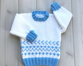 Fair Isle baby sweater - 12 to 24 months - Infant blue white hand knit pullover - Baby girl sweater - Baby boy sweater