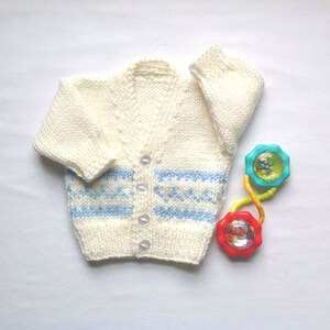 Newborn cream sweater, Baby cardigan with blue Fair Isle, Baby shower gift, Gift for infant