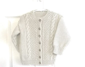 Girls Aran cardigan - 2 to 3 years sweater - Childs handknit Aran sweater -  Toddler Aran cardigan - Unisex Aran sweater