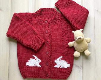 Childs red bunny cardigan - 12 to 24 months - Toddler red sweater - Hand knit bunny sweater - Bunny  motifs