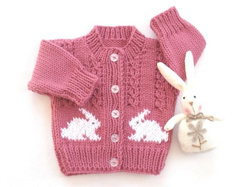 0 to 6 months Baby girl pink bunny cardigan, Baby shower gift, Baby sweater with bunnies