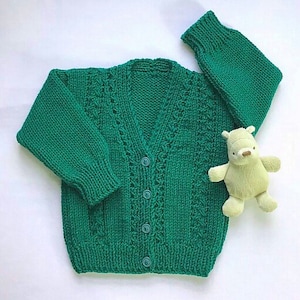Irish knit baby cardigan, 6 to 12 months, Handknit green sweater, Gift for baby image 1