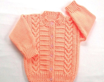 Toddler peach cardigan - 12 to 24 months girl - Girls hand knit peach sweater - Girls knits - Toddler girl knitwear