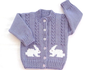 Toddler girl bunny cardigan, 12 to 24 months girl, Girls purple sweater with bunnies, Toddler knit clothing, Girls bunny sweater