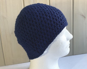 Mens wool mix navy blue watch cap, Chunky crochet Mens beanie, Gift for him, Gift for boyfriend