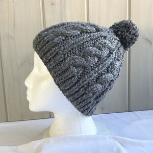 Dark gray cable knit hat with pompom, Chunky knit bobble hat, Gift for women, Gift for teen girl, Gift for girlfriend