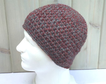 Mens maroon tweed wool mix beanie, Chunky crochet Mens cap, Gift for men, Gift for him