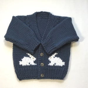 Toddler bunny sweater, 12 to 24 months, Handknit navy blue cardigan, Gift for baby, Bunny motifs image 3