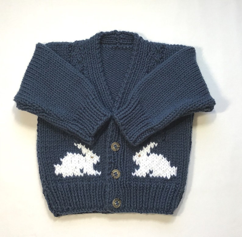 Toddler bunny sweater, 12 to 24 months, Handknit navy blue cardigan, Gift for baby, Bunny motifs image 3