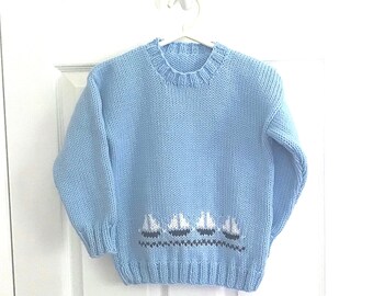 Hand Knit Sailboat Sweater, Light Blue, 4 Years