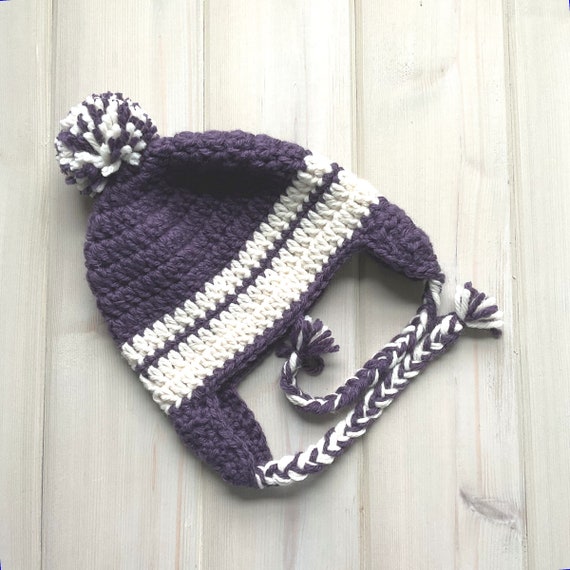 Crochet Pompom Ear Flap Beanie, Purple Trapper Hat - Etsy display picture 3
