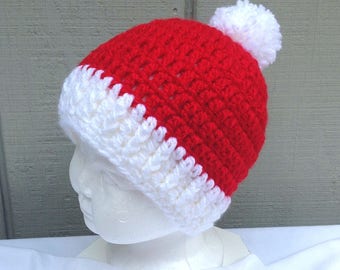 Toddler Christmas hat, 1 to 3 years, Baby red white beanie, Gender neutral toddler red bobble hat