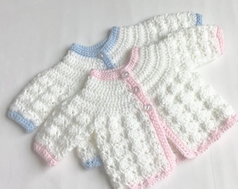 Crocheted Newborn Matinee Coat, Baby White Jacket, Pink or Blue Trim