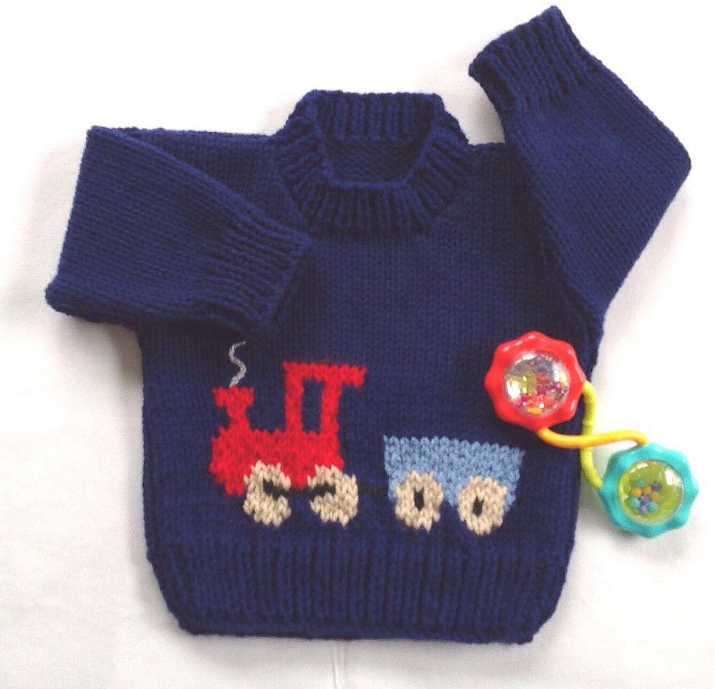 Boy Train Sweater, 6-12 Months, Navy blue hand knit with train motif
