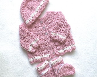 Merino wool pink baby outfit, 0 to 3 months, Crochet baby girl pink set, Gift for new baby girl, Baby shower gift