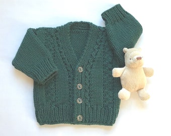 Baby Irish cardigan, 0 to 6 months, Green handknit infant sweater, Infant Knitwear, Baby clothing