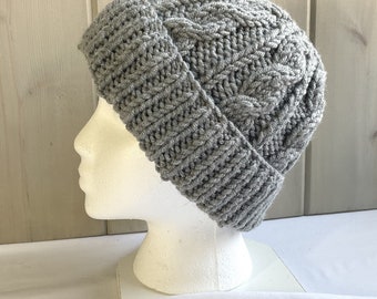 Gray wool blend cable beanie with turn up brim, Hand knit wool mix womens hat, Gray hat for teen girl, Gift for her