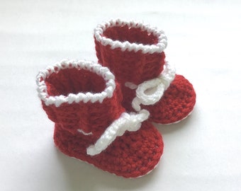 Crochet Baby Christmas Booties, 0-4 months, Red and White socks