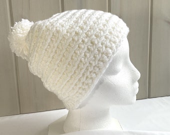 White crochet slouchy hat with pompom, Chunky crocheted bobble hat, Gift for women, Gift for her