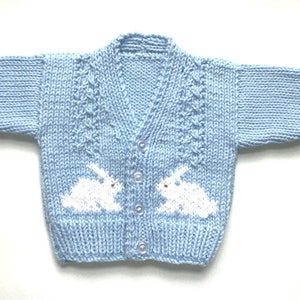 Bunny sweater, 6 to 12 months, Baby blue cardigan with bunny motifs, Gift for infant boy, Gender neutral blue sweater, Gift for baby image 2