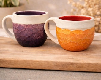 Handmade Ceramic Mugs, Ginkgo Leaf Chanterelle Inspired Pottery, Textured Coffee Cups