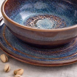Handmade Ceramic Bowl & Plate Set | Blue Crystalline Glaze | Pottery Dish Set | Wheel Thrown Stoneware | Artisan Dinnerware