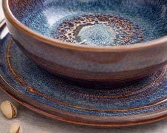 Handmade Ceramic Bowl & Plate Bundle | Blue Crystalline Glaze, Rust Accents, Wheel Thrown Stoneware