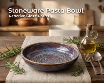 Handmade Stoneware Pasta Bowl, Blue Purple Reactive Glaze Pottery