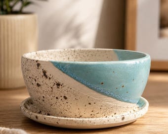 Handmade Ceramic Planter with Attached Drainage Tray, Seafoam Blue Stonewar