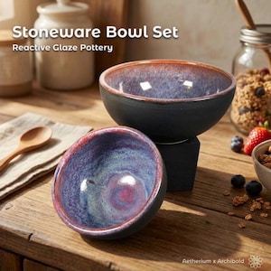 Puede incluir: Un juego de cuencos de gres con esmalte reactivo. Los cuencos son negros por fuera y presentan un interior arremolinado azul, morado y rojo. El texto "Stoneware Bowl Set" y "Reactive Glaze Pottery" es visible.
