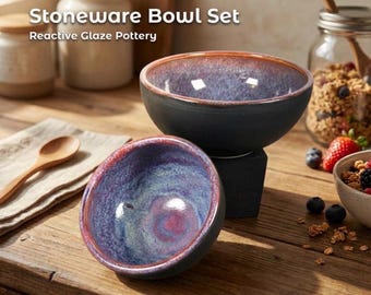 Handmade Ceramic Bowl Set | Matte Black Exterior, Galaxy Glaze Interior, Stoneware Serving Bowls