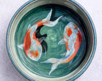 Hand-Painted Koi Fish Ceramic Bowl – Shallow Stoneware Dish, Artisan Home Decor