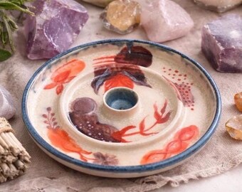 5.5” Hand Painted Ceramic Stoneware Incense Holder Dish | Gauche Design, Boho Home Decor
