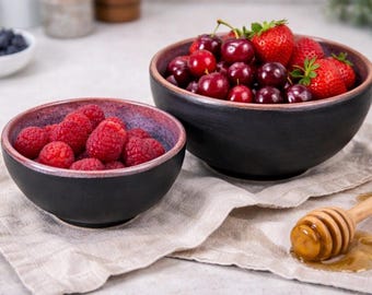 Handmade Ceramic Bowl Set | Matte Black Exterior, Galaxy Glaze Interior, Stoneware Serving Bowls