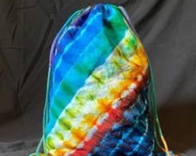 Diagonal Rainbow Tie-Dye Drawstring Backpack – Handmade Vibrant Spiral Bag, Festival & Everyday Use