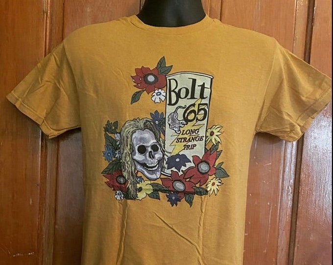 Bolt 65 Long Strange Trip T-Shirt | Grateful Dead-Inspired Parody Tee | Mustard Yellow Skeleton Jam Band Shirt
